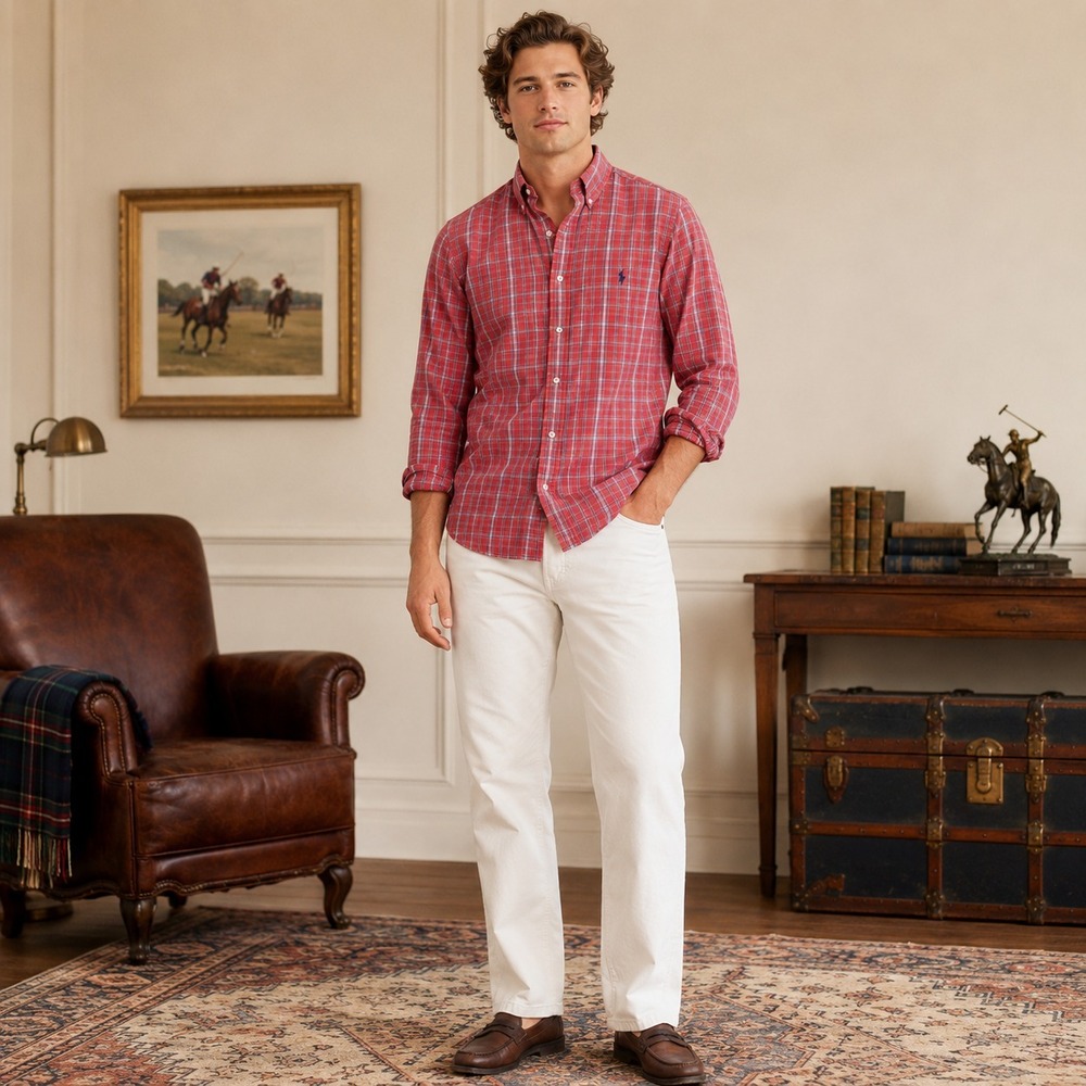 RALPH LAUREN Men's Shirt Plaid Button Down Blaire LARGE Red Blue 100% Cotton‎